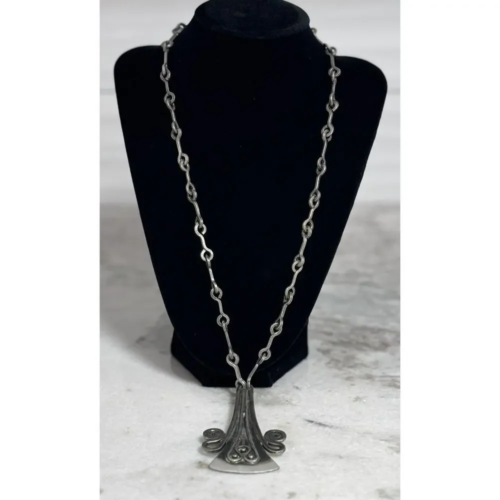 Vintage MCM Denmark Lysgard Pewter Long Brutalist Pendant Necklace 21in